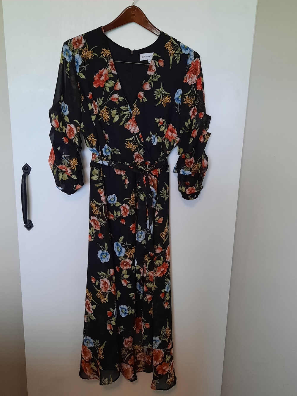 Emma & Michele Black Floral Wrap Maxi Dress with Red and Blue Blooms
